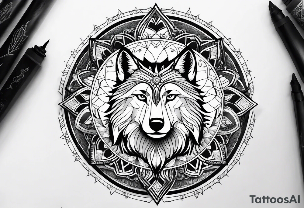 Forearm futuristic UAE and Philippines with Mandala theme design with moon and wolves tattoo idea