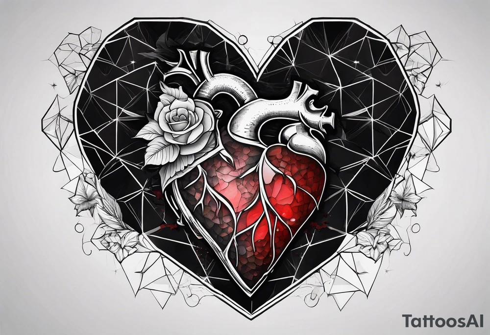 black hexagon heart with black background and blood tattoo idea