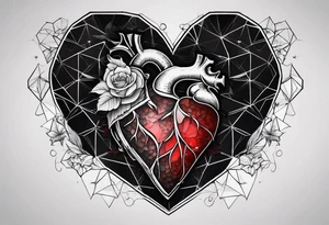 black hexagon heart with black background and blood tattoo idea