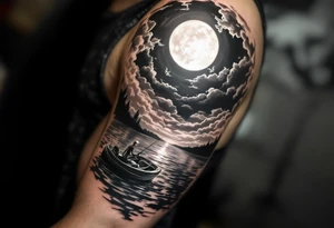 jack skellington in sun spotlight fishing in boat, on calm river, smoking cigar, big clouds, waving at angels in sky. tattoo idea