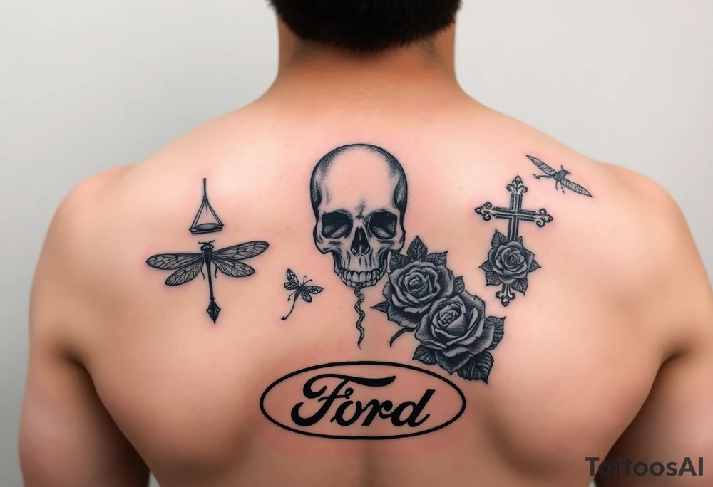 Hourglass, skull, dragonfly, cross, black rose, and Ford emblem tattoo idea
