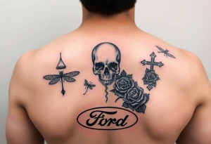Hourglass, skull, dragonfly, cross, black rose, and Ford emblem tattoo idea