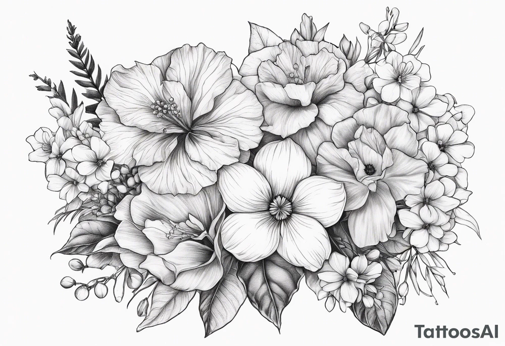 Floral Bouquet with blue hydrangea,Gladiolus, Poppy,Daisy,Sweet Pea,Narcissus, Poinsettia, and Holly tattoo idea