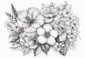 Floral Bouquet with blue hydrangea,Gladiolus, Poppy,Daisy,Sweet Pea,Narcissus, Poinsettia, and Holly tattoo idea