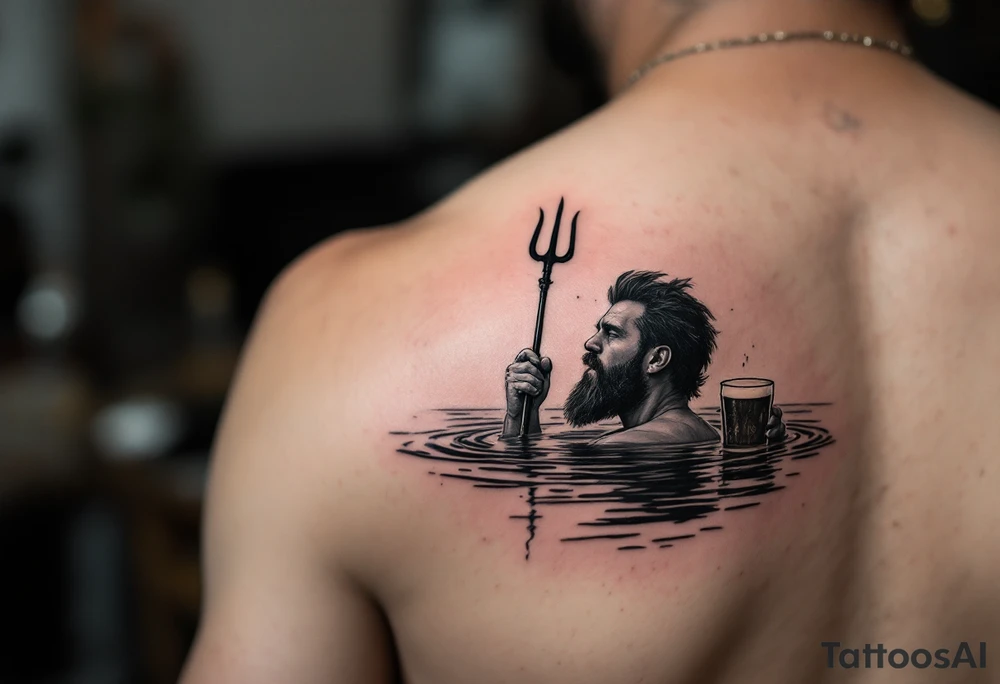 Drunk guy with trident half way in calm water with a beer tattoo idea