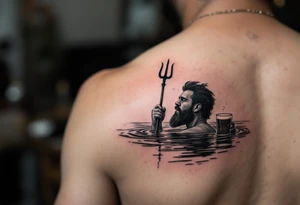 Drunk guy with trident half way in calm water with a beer tattoo idea
