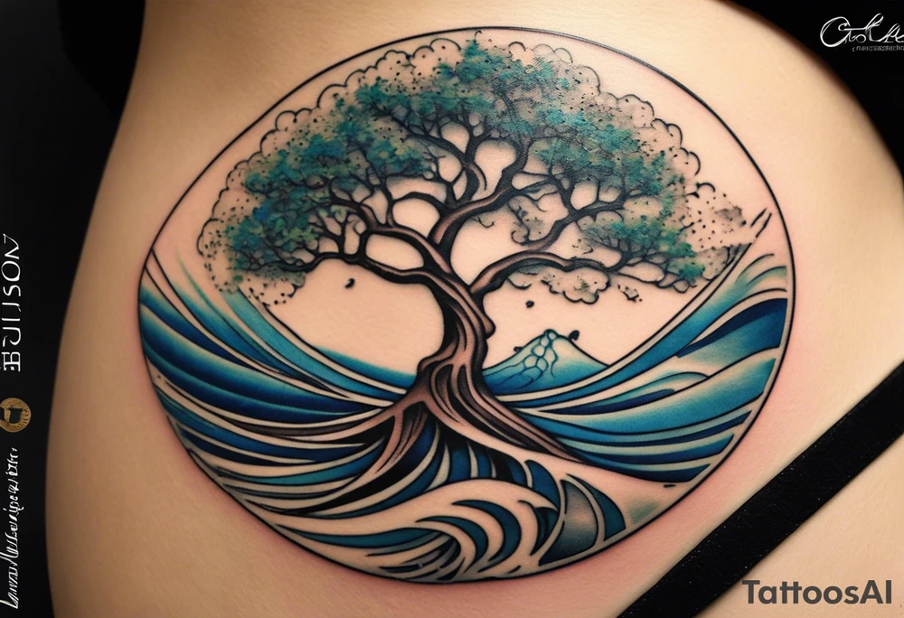 A tattoo of an abstract Tree of life tattoo to be placed on the upper side bicep of a woman. It can wrap around the arm a little. It should have roots growing out of the bottom. The roots slowly turn into water from the great wave by Hokusai. A golf flag should be placed discreetly growing out of the ground. 2 license plate tags should be hanging from the tree. Place a few music notes in the areas the leaves should be. The letters A U should be engraving into the tree trunk in a heart tattoo idea