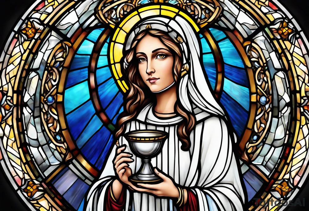 holy saint woman with halo stained glass holding a chalice tattoo idea