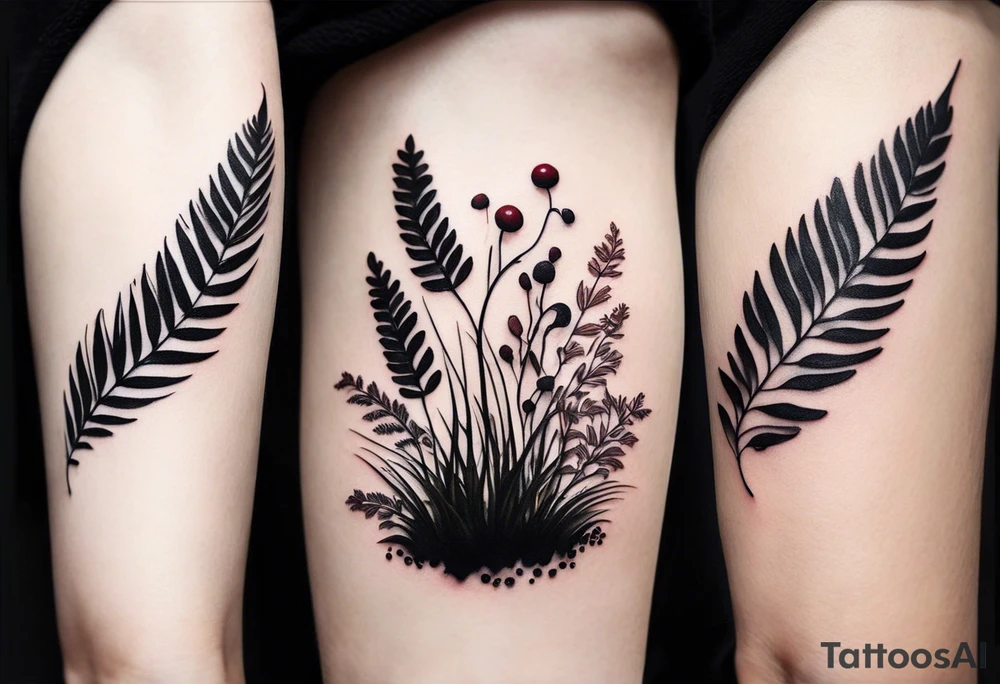 forest floor inspired minimalist tattoo, which includes grass, curly ferns, moss and dead leaves as the bulk of the tattoo. details to include: forest berries, a tiny bumblebee flying nearby, three small brown mushrooms
Generate a vertically long one tattoo idea