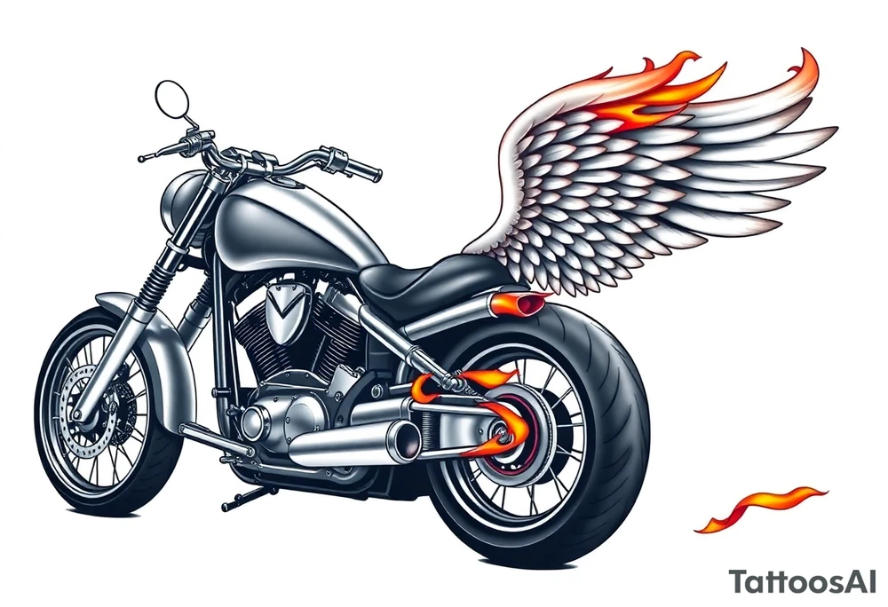 Low rider grey motorcycle, big muffler pipes with flames, angel wings, driving away, no person tattoo idea
