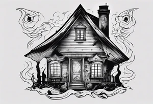 Create a tattoo design featuring a small house. Include a black demonic figure lifting the roof, peering out into the surroundings with an ominous presence. tattoo idea