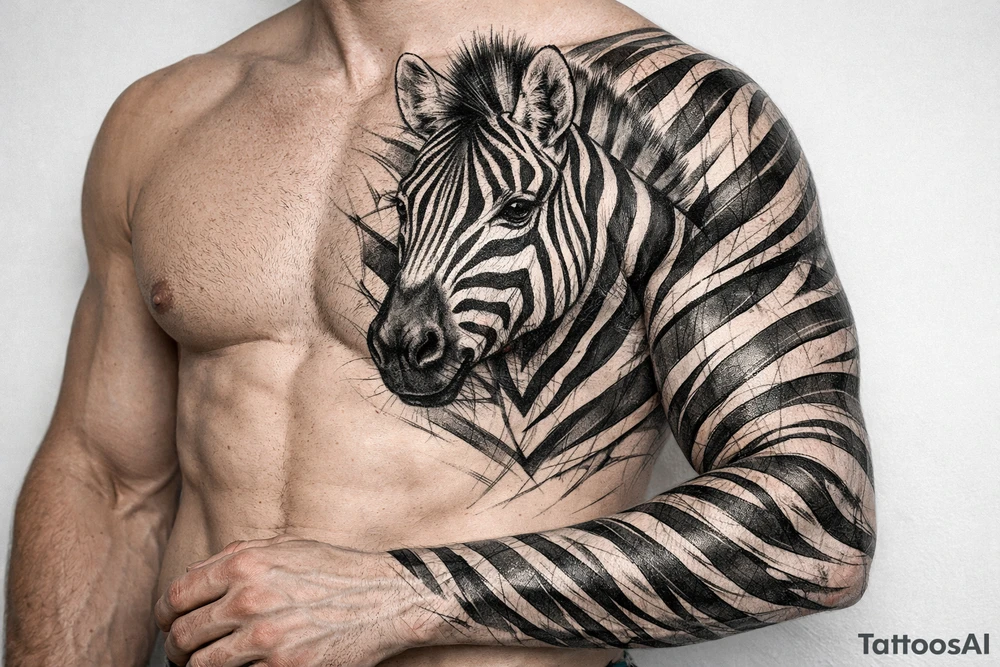 Close-up, detailed zebra head portrait on the chest, with hyperrealistic stripes wrapping onto the shoulder and bicep. tattoo idea
