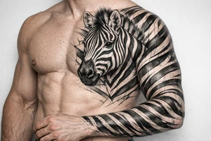 Close-up, detailed zebra head portrait on the chest, with hyperrealistic stripes wrapping onto the shoulder and bicep. tattoo idea