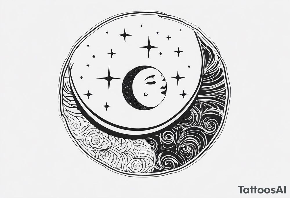 Sun and crescent moon with vintage line along with yin yang tattoo idea