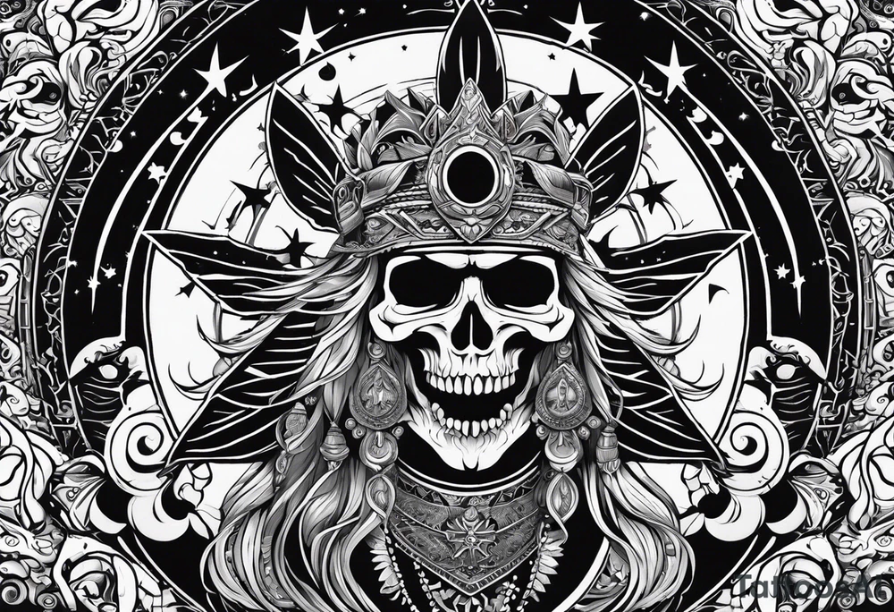 black kali, goddess pirate, alien, pachamama, valkrye, warrior, skull, lotus azul, wing, eagle, zenza resonance, stars, 5D tattoo idea
