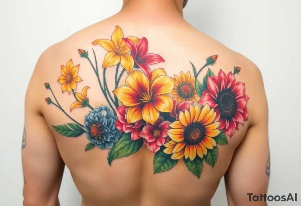 6 Vintage star gazer lillies some yellow some red wild roses and sunflowers and hydrangea to sleeve right arm tattoo idea
