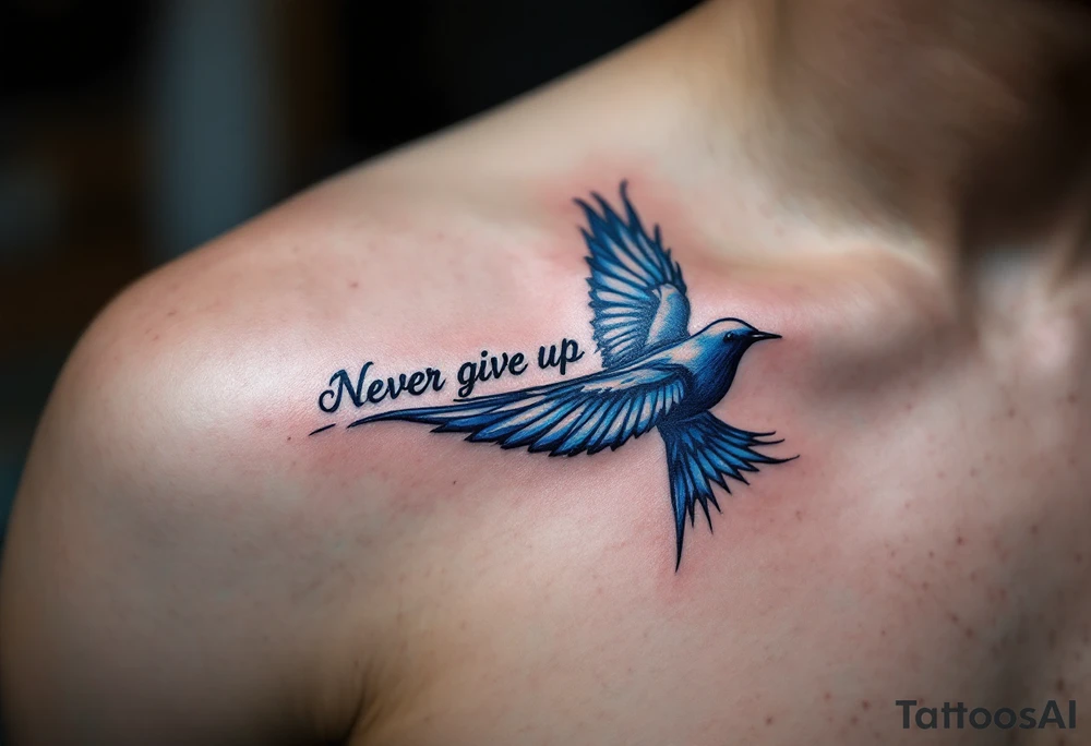 Never give up" written in black ink along the path of a soaring swallow, done in cool slate blue. tattoo idea