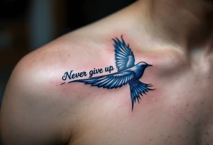 Never give up" written in black ink along the path of a soaring swallow, done in cool slate blue. tattoo idea