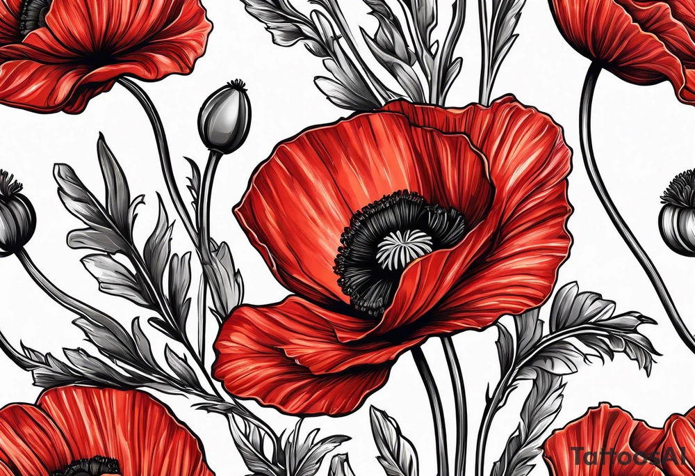 Red poppy flower with long stem tattoo idea