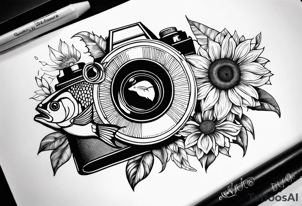 Géométric, sunflower, book, camera, fish tattoo idea