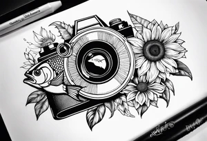 Géométric, sunflower, book, camera, fish tattoo idea