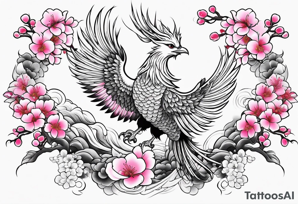 traditional Japanese phoenix and pink cherry blossoms blank background tattoo idea