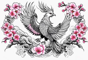 traditional Japanese phoenix and pink cherry blossoms blank background tattoo idea