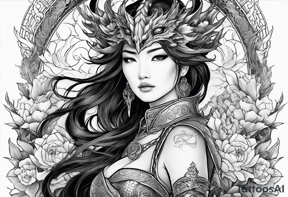 beautiful warrior woman wearing dragon armor and a floral background and a dragon a full picture tattoo idea