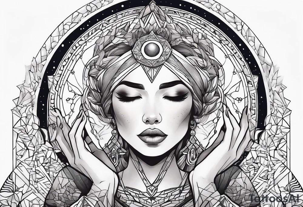 Woman , hands above her head, holding orb of creation tattoo idea