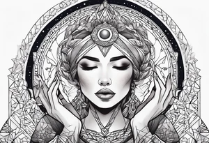 Woman , hands above her head, holding orb of creation tattoo idea