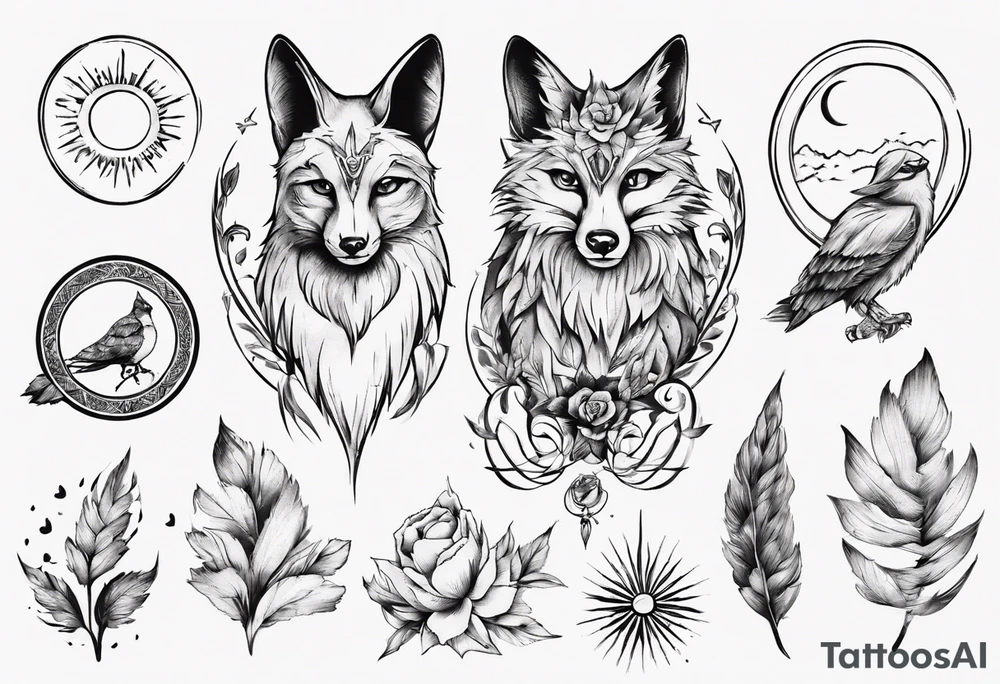 Fuchs mit Eulenflügeln unter der Sonne mit dem Schriftzug Sapere Aude tattoo idea