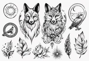 Fuchs mit Eulenflügeln unter der Sonne mit dem Schriftzug Sapere Aude tattoo idea