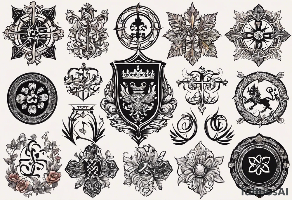 Merge the english, irish, scottish, welsh, german, croatian, serbian, slovak, slovenian, and czech heraldic elements intertwined in a harmonious and elegant manner. tattoo idea.the design should be symmetrical and suitable for a shoulder placement. tattoo idea