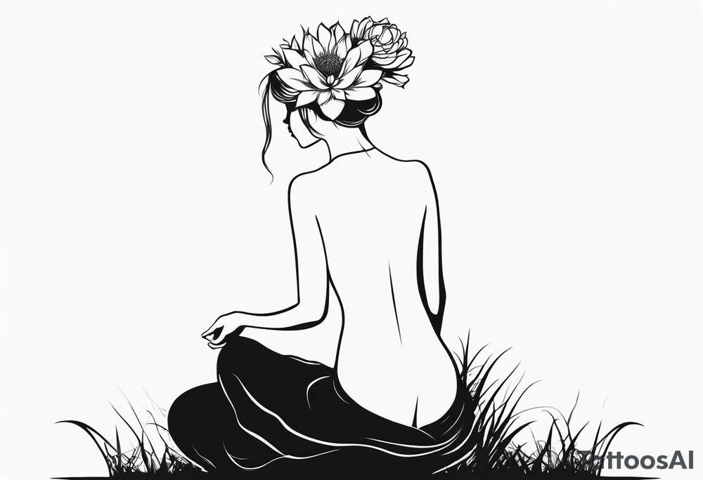 silhouette of a girl with a flower head, kneeling tattoo idea