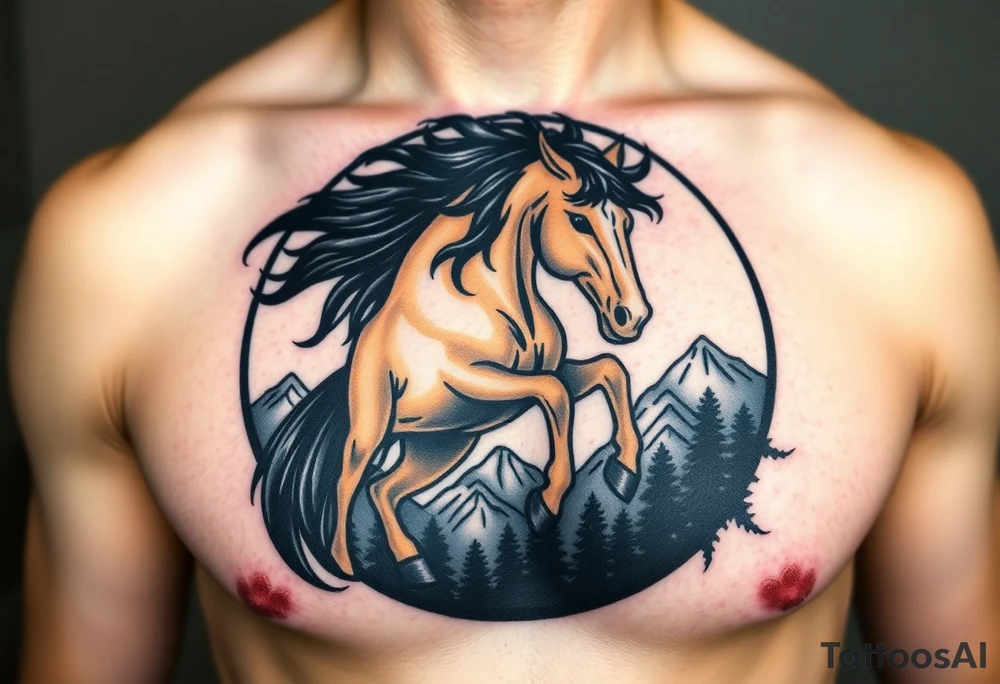 A golden mustang horse with black mane and legs, captured in motion inside a circle. The mountains and nature should frame the design, blending with the horse's black fur as a base to represent the landscape. Experiment with using the black fur to shape the mountains, playing with edges or interior details. tattoo idea