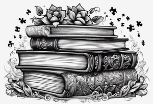 a stack of books that looks like jigsaw puzzle pieces tattoo idea