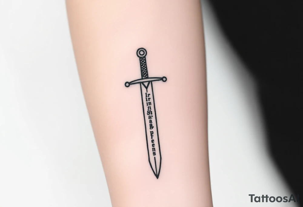 Minimalist black ink tattoo sketch of a vertical medieval sword with the phrase “Iron Sharpens Iron” engraved along the blade. Clean lines, no shading, forearm tattoo design. tattoo idea