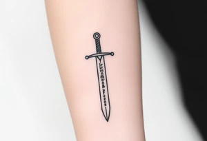 Minimalist black ink tattoo sketch of a vertical medieval sword with the phrase “Iron Sharpens Iron” engraved along the blade. Clean lines, no shading, forearm tattoo design. tattoo idea