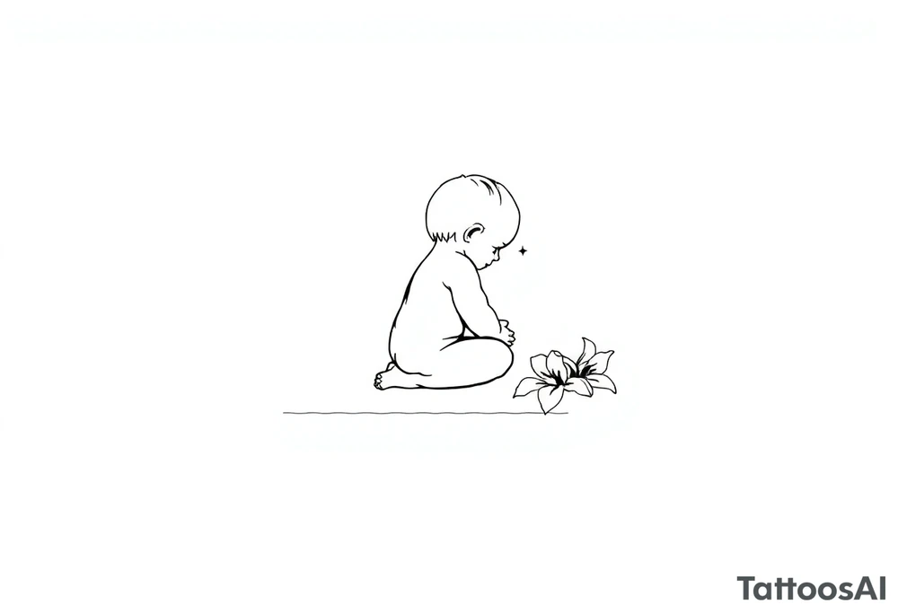 A simple tile floor with a minimalist outline of a curled child sitting on the floor with a lily next to her tattoo idea