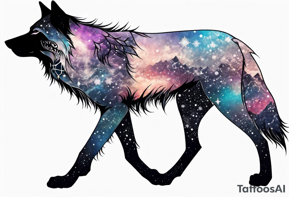 Constellation, animal alien wolf, snowflake tattoo idea