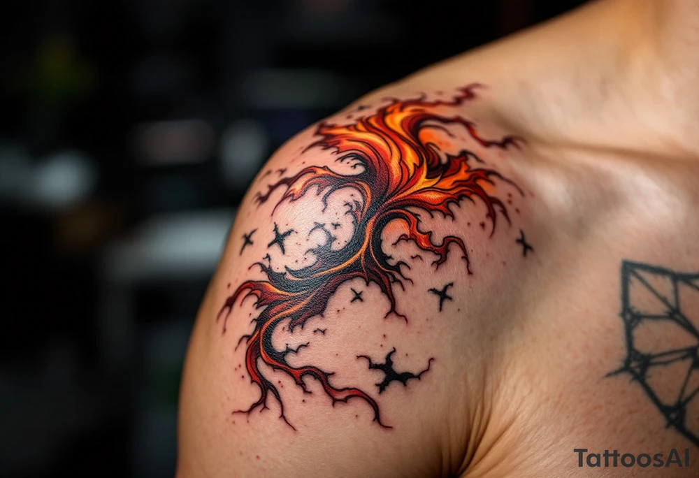 A fiery red and orange stylized wave swirls up the calf, giving a volcanic ocean vibe. tattoo idea