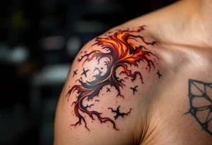 A fiery red and orange stylized wave swirls up the calf, giving a volcanic ocean vibe. tattoo idea