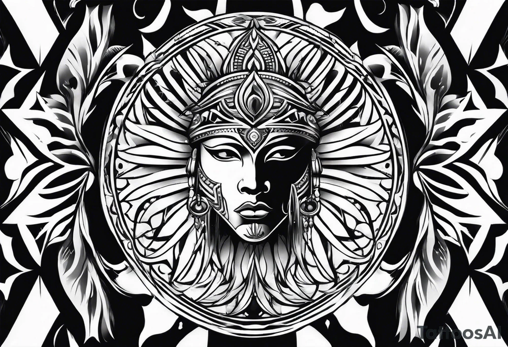 Tribal sleeve with rays of light background tattoo idea