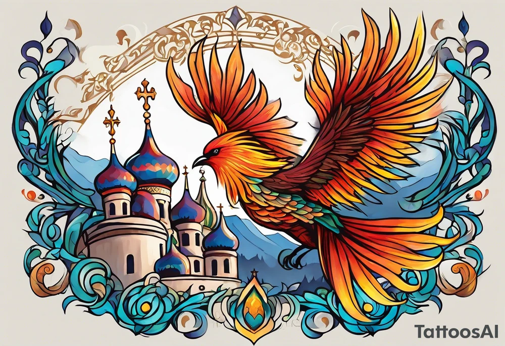 russian firebird in-flight with fancy tail and small onion cap monastery towers in background, incorporate Isaiah 43: 18-19 tattoo idea
