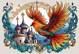 russian firebird in-flight with fancy tail and small onion cap monastery towers in background, incorporate Isaiah 43: 18-19 tattoo idea