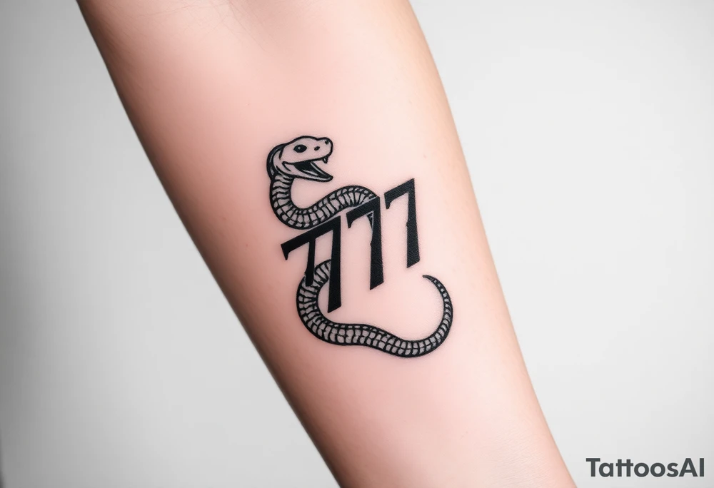 Minimalist black ink tattoo design of a small snake coiled around the number 777. tattoo idea