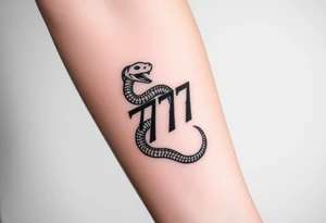 Minimalist black ink tattoo design of a small snake coiled around the number 777. tattoo idea