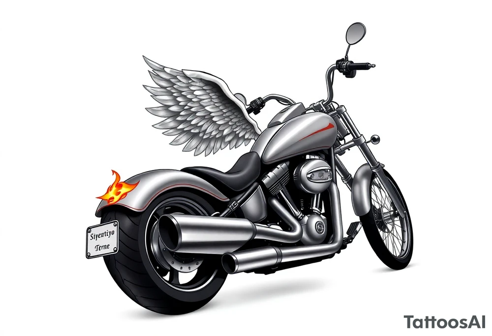 Low rider grey motorcycle, big muffler pipes with flames, angel wings, driving away, no person tattoo idea