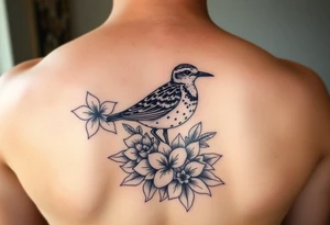 Female pacific golden plover bird in hawaii tattoo with heliconia flowers, crown flower lei, puakenikeni lei, bird of paradise flowers, beehive ginger, shampoo ginger, red tahitian ginger tattoo idea