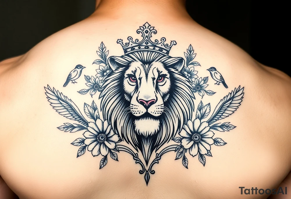 powerful majestic lion with a crown, surrounded by floral ornaments and birds tattoo idea